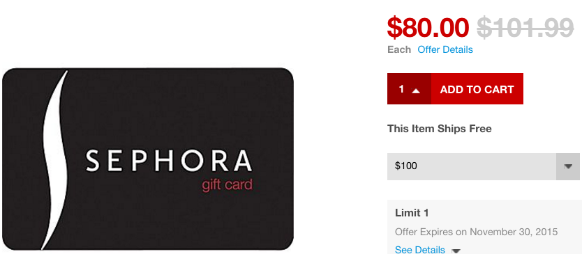 Staples: $100 Sephora gift card $80 shipped - Gift With Purchase
