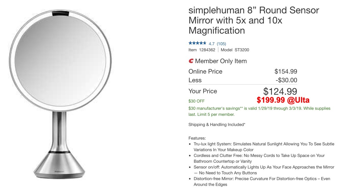 Simplehuman 8 Round Sensor Mirror, Face Mirror With Light Costco